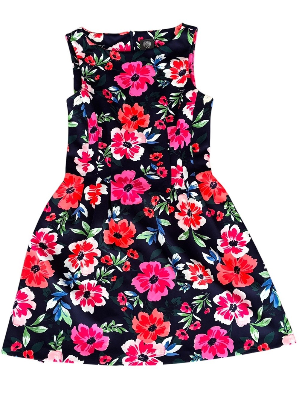 Vince Camuto Fit & Flare Floral Dress Navy Blue with Pink, White & Coral Flowers
